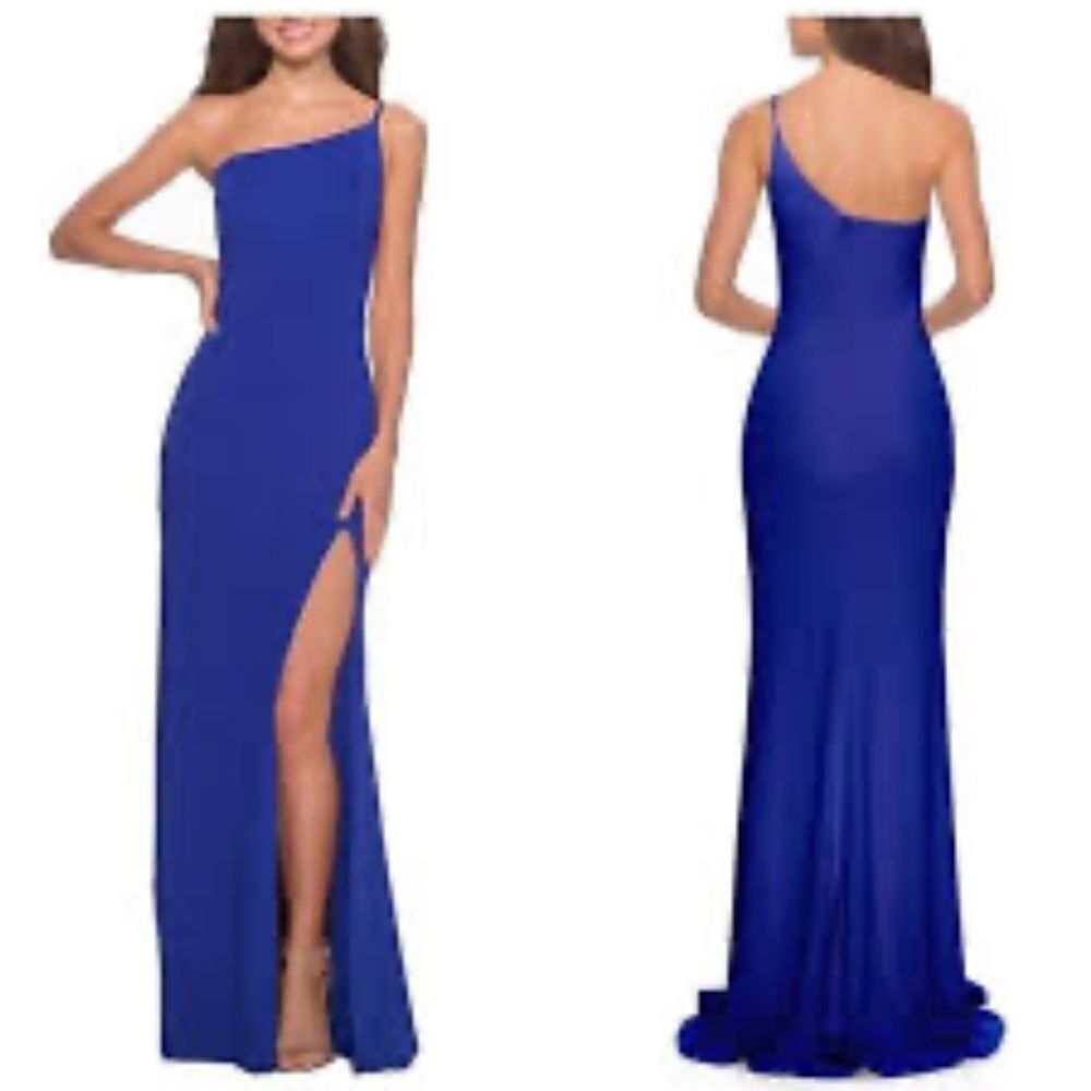 La Femme NWT One-Shoulder Jersey Gown in royal blue size 14